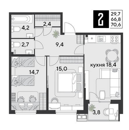 
  Продается 2-комн. квартира 71.1 м², в ЖК Парк Победы 2, литера 30. Фото 1.
