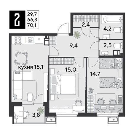 
  Продается 2-комн. квартира 70.5 м², в ЖК Парк Победы 2, литера 30. Фото 1.