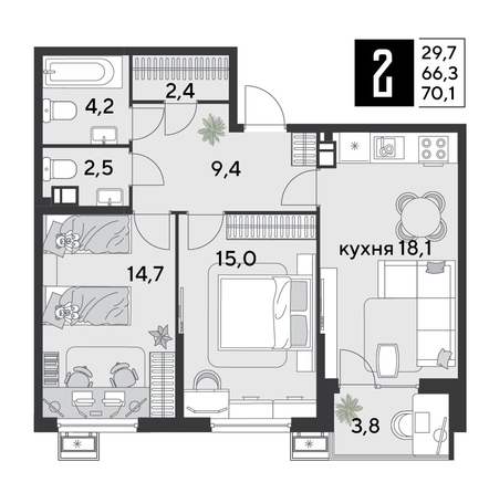 
  Продается 2-комн. квартира 70.6 м², в ЖК Парк Победы 2, литера 30. Фото 1.