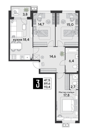 
  Продается 3-комн. квартира 93.4 м², в ЖК Парк Победы 2, литера 30. Фото 1.