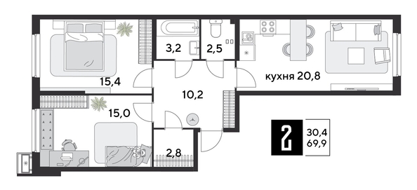 
  Продается 2-комн. квартира 69.9 м², в ЖК Парк Победы 2, литера 28. Фото 1.