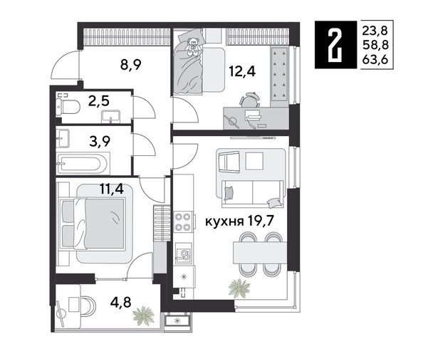
  Продается 2-комн. квартира 63.6 м², в ЖК Парк Победы 2, литера 28. Фото 1.