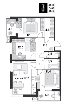 
  Продается 3-комн. квартира 86 м², в ЖК Парк Победы 2, литера 28. Фото 1.