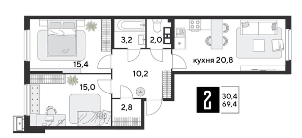 
  Продается 2-комн. квартира 69.4 м², в ЖК Парк Победы 2, литера 28. Фото 1.