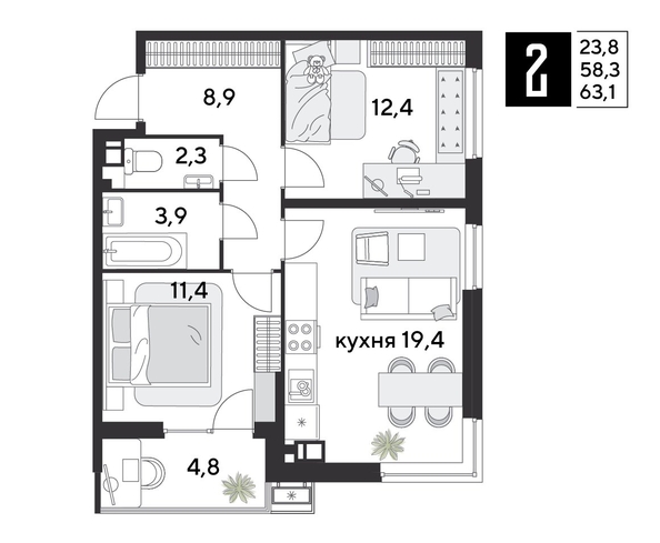 
  Продается 2-комн. квартира 63.1 м², в ЖК Парк Победы 2, литера 28. Фото 1.