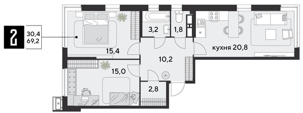 
  Продается 2-комн. квартира 69.2 м², в ЖК Парк Победы 2, литера 28. Фото 1.