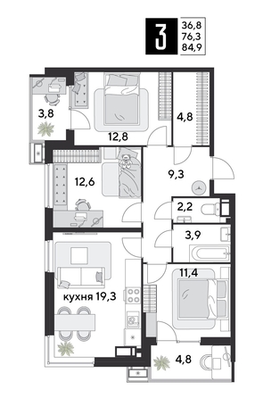 
  Продается 3-комн. квартира 84.9 м², в ЖК Парк Победы 2, литера 28. Фото 1.