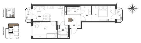 
  Продается 2-комн. квартира 61.7 м², в ЖК ГРЕЙД, литер 13. Фото 1.