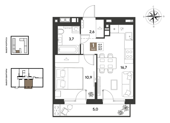 
  Продается 1-комн. квартира 38.9 м², в ЖК ГРЕЙД, литер 14. Фото 1.
