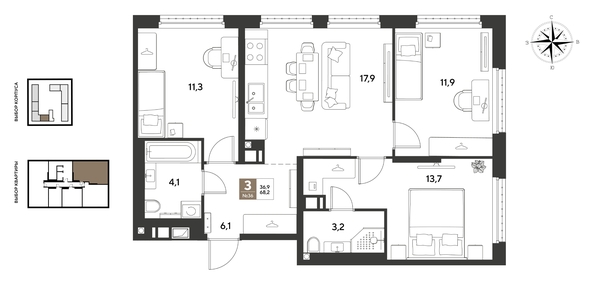 
  Продается 3-комн. квартира 68.2 м², в ЖК ГРЕЙД, литер 14. Фото 1.