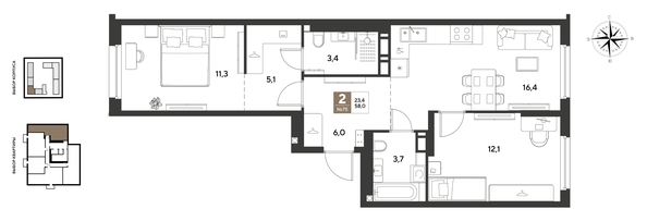 
  Продается 2-комн. квартира 58 м², в ЖК ГРЕЙД, литер 14. Фото 1.