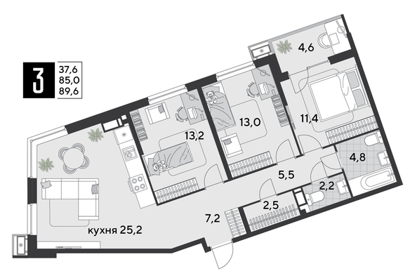 
  Продается 3-комн. квартира 90.5 м². Фото 1.