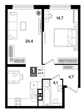 
  Продается 1-комн. квартира 47.9 м², в ЖК ДОГМА ПАРК, лит 20. Фото 1.