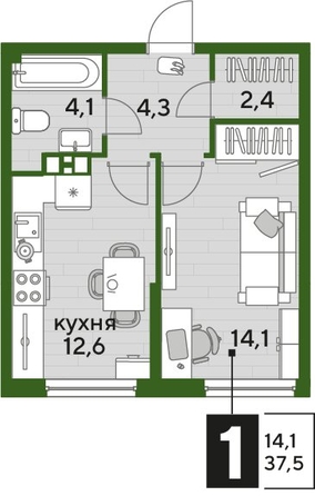 
  Продается 1-комн. квартира 37.5 м², в ЖК ДОГМА ПАРК, литера 18. Фото 1.