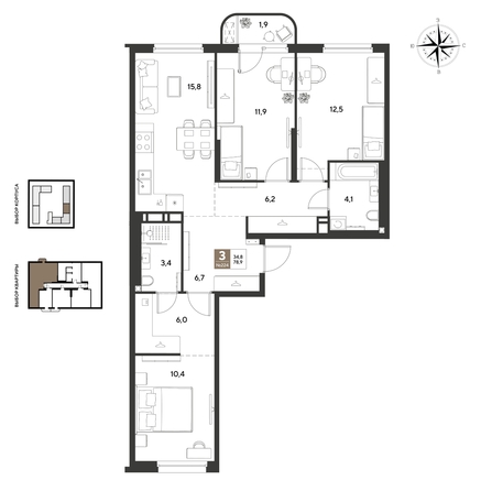 
  Продается 3-комн. квартира 78.9 м², в ЖК ГРЕЙД, литер 13. Фото 1.