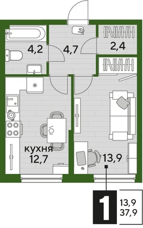 
  Продается 1-комн. квартира 37.9 м², в ЖК ДОГМА ПАРК, литера 18. Фото 1.