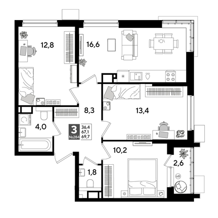 
  Продается 3-комн. квартира 69.7 м², в ЖК ДОГМА ПАРК, лит 17. Фото 1.