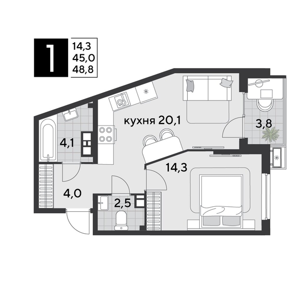 
  Продается 1-комн. квартира 49.5 м², в ЖК Парк Победы 2, литера 21. Фото 1.