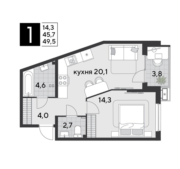 
  Продается 1-комн. квартира 50.3 м², в ЖК Парк Победы 2, литера 21. Фото 1.