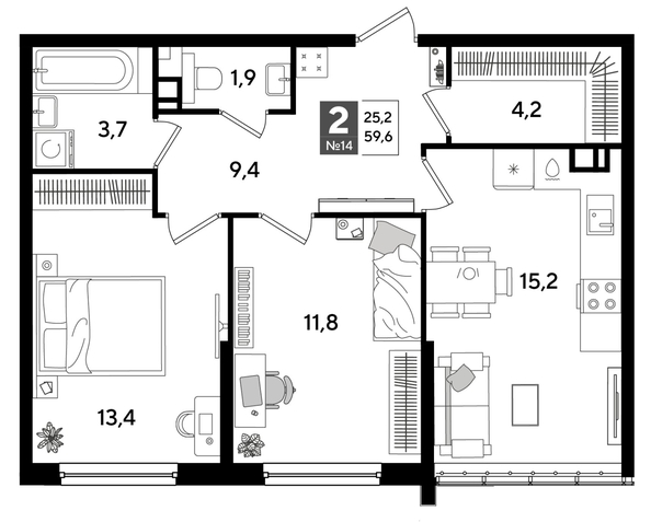 
  Продается 2-комн. квартира 59.6 м², в ЖК ДОГМА ПАРК, литера 16. Фото 1.