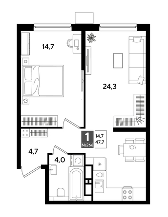 
  Продается 1-комн. квартира 47.7 м², в ЖК ДОГМА ПАРК, лит 20. Фото 1.