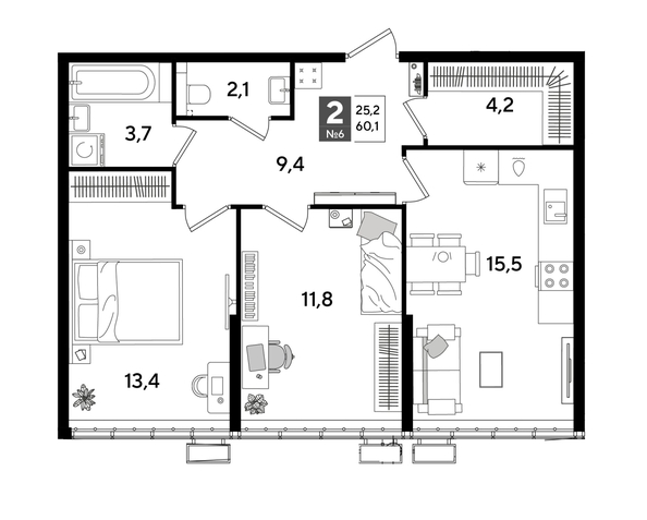 
  Продается 2-комн. квартира 60.1 м², в ЖК ДОГМА ПАРК, литера 18. Фото 1.
