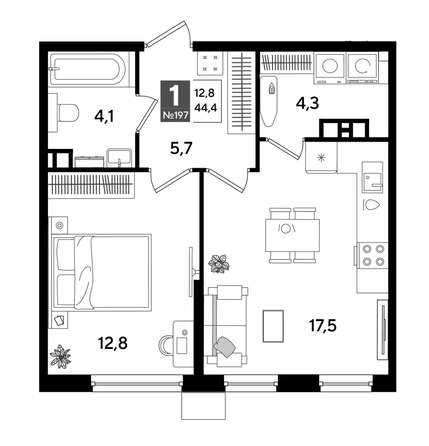 
  Продается 1-комн. квартира 44.4 м², в ЖК ДОГМА ПАРК, лит 20. Фото 1.