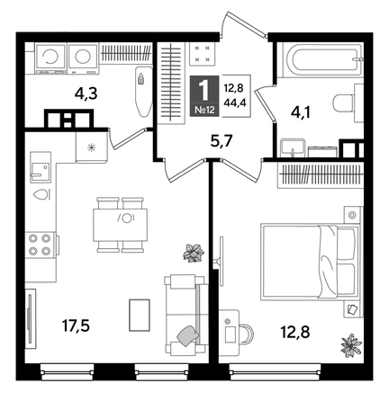 
  Продается 1-комн. квартира 44.4 м², в ЖК ДОГМА ПАРК, литера 16. Фото 1.