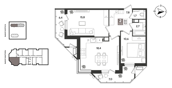 
  Продается 2-комн. квартира 70.4 м², в ЖК Рекорд 2, литера 3. Фото 1.