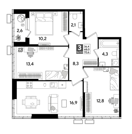 
  Продается 3-комн. квартира 70.6 м², в ЖК ДОГМА ПАРК, лит 20. Фото 1.