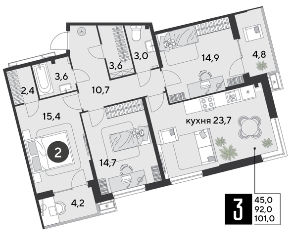 
  Продается 3-комн. квартира 101 м², в ЖК Парк Победы 2, литера 6. Фото 1.