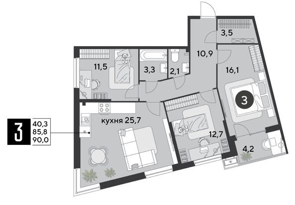 
  Продается 3-комн. квартира 90 м², в ЖК Парк Победы 2, литера 6. Фото 1.