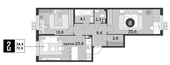 
  Продается 2-комн. квартира 72.4 м², в ЖК Парк Победы 2, литера 6. Фото 1.