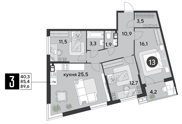 
  Продается 3-комн. квартира 89.6 м², в ЖК Парк Победы 2, литера 6. Фото 1.