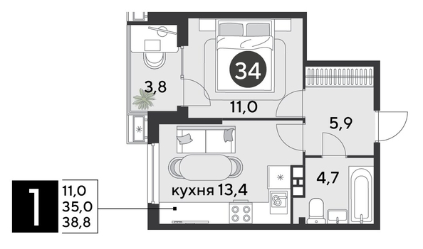 
  Продается 1-комн. квартира 38.8 м², в ЖК Парк Победы 2, литера 6. Фото 1.
