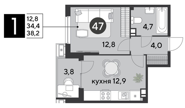 
  Продается 1-комн. квартира 38.2 м², в ЖК Парк Победы 2, литера 6. Фото 1.