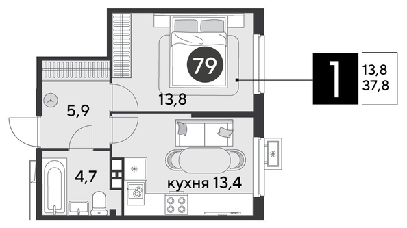 
  Продается 1-комн. квартира 37.8 м², в ЖК Парк Победы 2, литера 6. Фото 1.