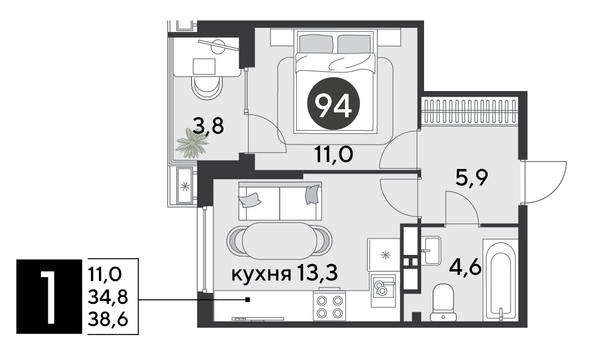 
  Продается 1-комн. квартира 38.6 м², в ЖК Парк Победы 2, литера 6. Фото 1.