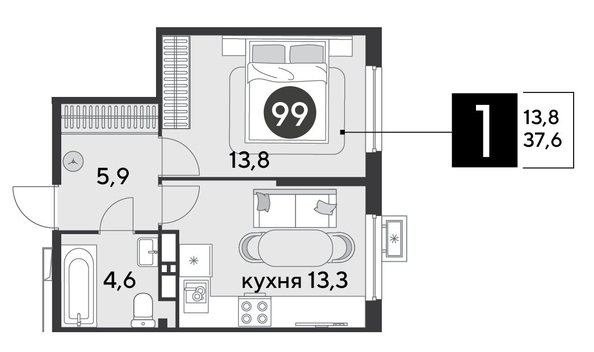 
  Продается 1-комн. квартира 37.6 м², в ЖК Парк Победы 2, литера 6. Фото 1.