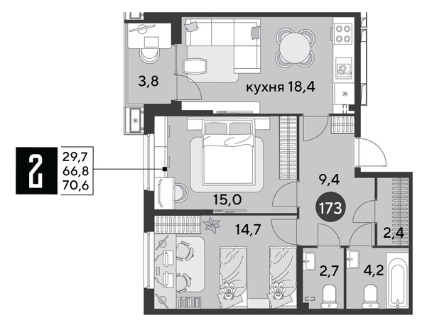 
  Продается 2-комн. квартира 70.6 м², в ЖК Парк Победы 2, литера 6. Фото 1.