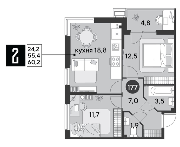
  Продается 2-комн. квартира 60.2 м², в ЖК Парк Победы 2, литера 6. Фото 1.