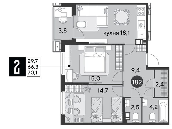 
  Продается 2-комн. квартира 70.1 м², в ЖК Парк Победы 2, литера 6. Фото 1.