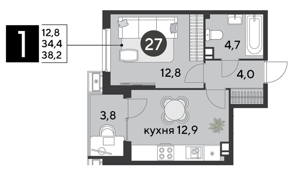 
  Продается 1-комн. квартира 38.2 м², в ЖК Парк Победы 2, литера 6. Фото 1.