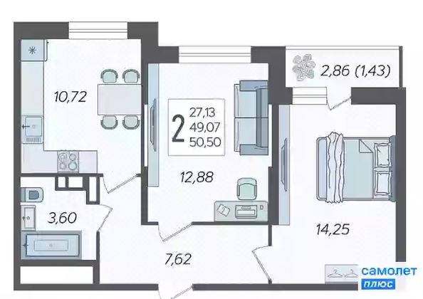 
  Продается 2-комн. квартира 50.5 м², в ЖК Смородина, литера 14. Фото 16.