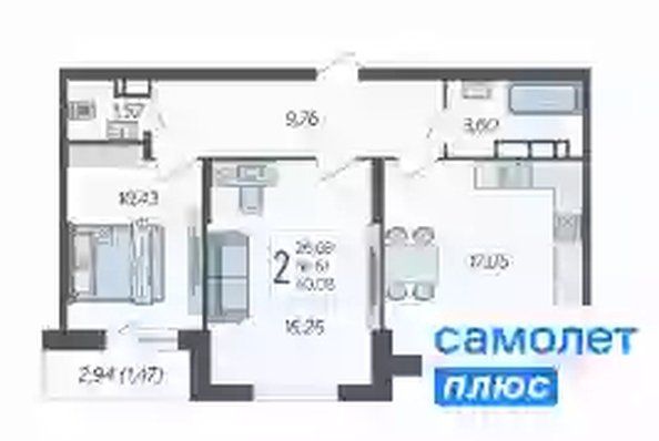 
  Продается 2-комн. квартира 60.1 м², в ЖК Смородина, литера 14. Фото 16.