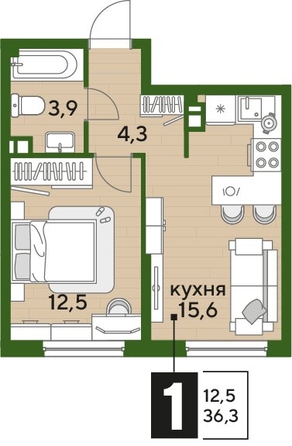 
  Продается 1-комн. квартира 36.3 м², в ЖК ДОГМА ПАРК, литера 18. Фото 1.