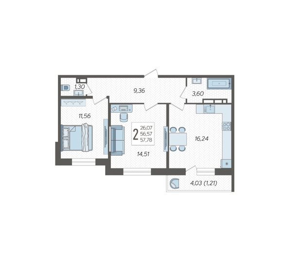 
  Продается 2-комн. квартира 57.78 м², в ЖК Смородина, литера 17. Фото 2.