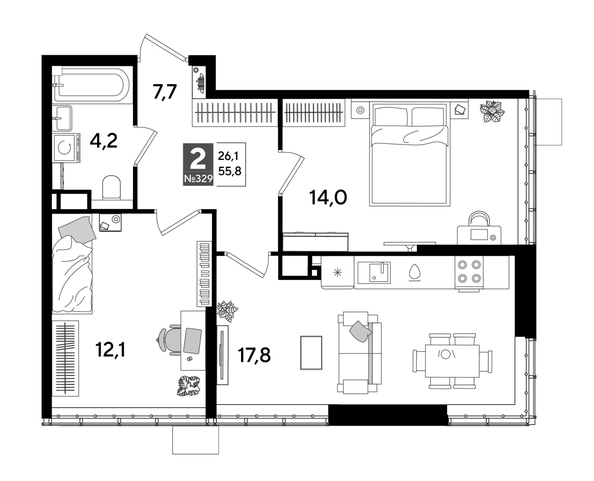 
  Продается 2-комн. квартира 55.8 м², в ЖК ДОГМА ПАРК, лит 17. Фото 1.