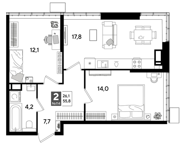 
  Продается 2-комн. квартира 55.8 м², в ЖК ДОГМА ПАРК, литера 19. Фото 1.