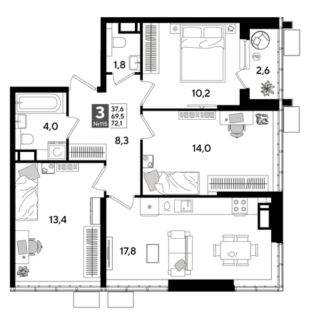 
  Продается 3-комн. квартира 72.1 м², в ЖК ДОГМА ПАРК, литера 19. Фото 1.